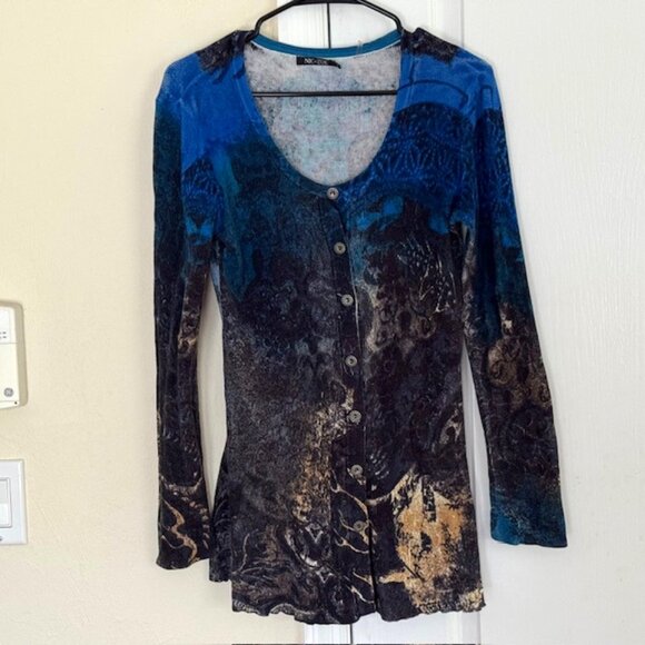 Size M Nic+Zoe Sweater. Long & Dramatic w Blue, Black and Tan - Picture 1 of 7